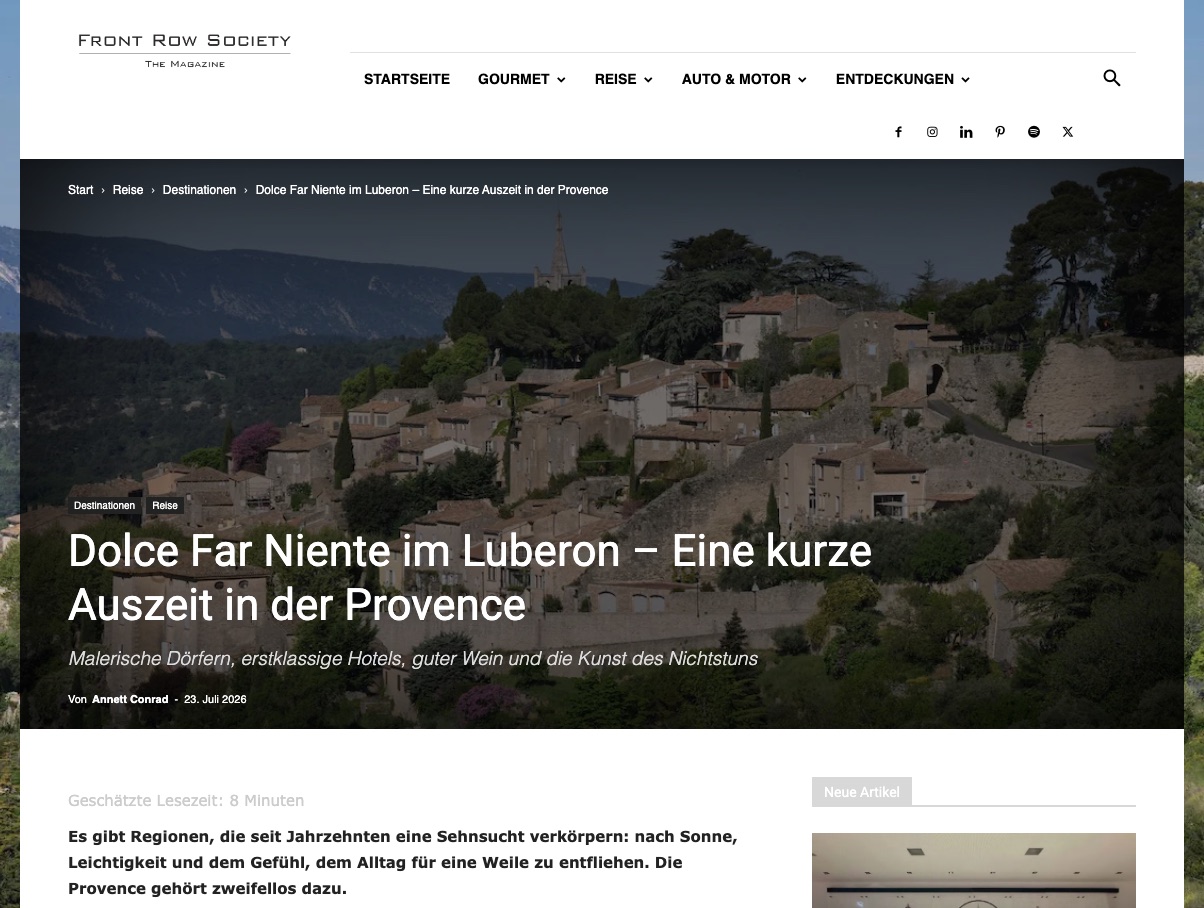 Article du magazine Front Row Society (Allemagne) : Dolce Far Niente im Luberon – Eine kurze Auszeit in der Provence
